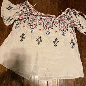 Beautiful Embroidered Off-Shoulder Top - light tan color.